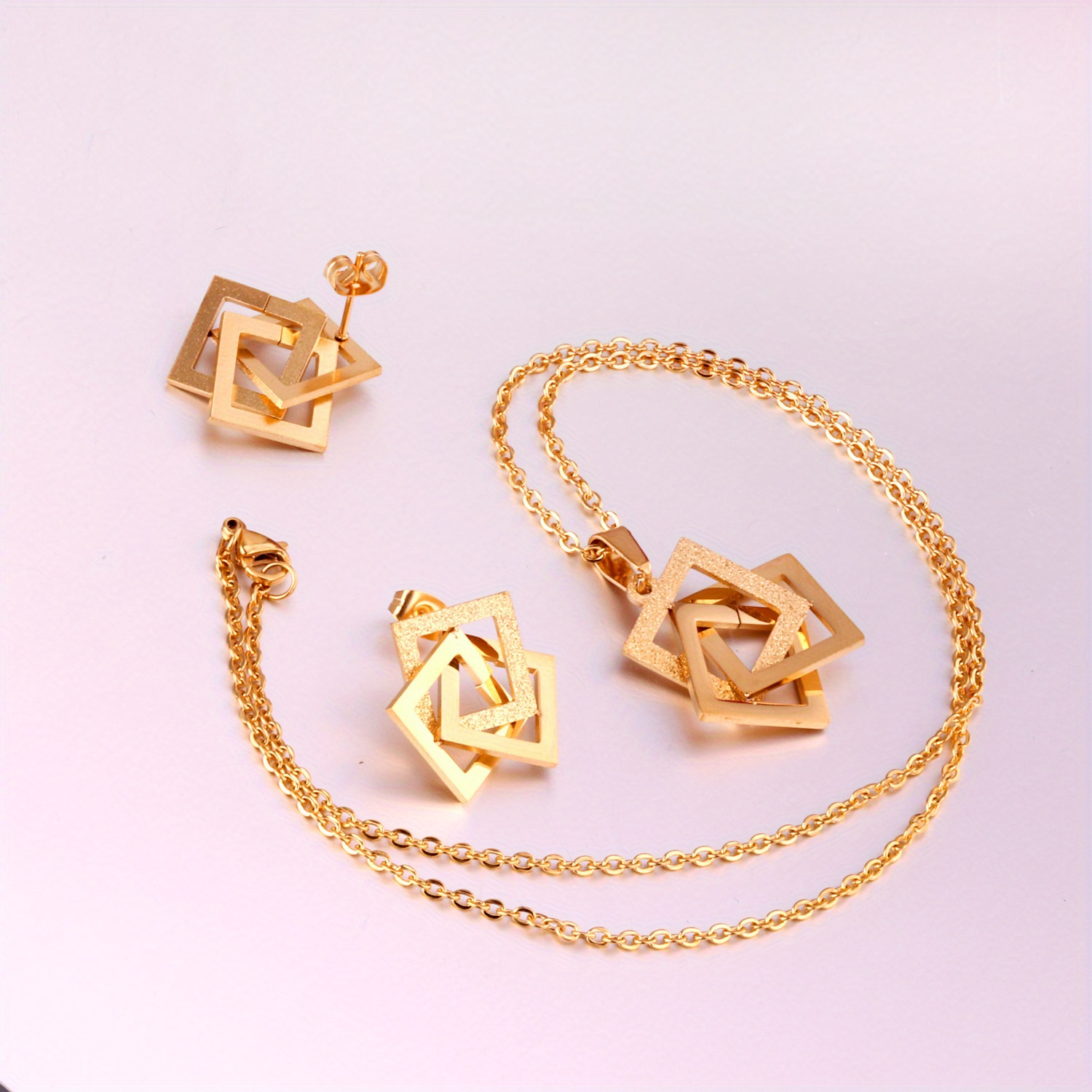 3pcs Set Square Necklaces and Stainless Steel Earrings for Everyday Wear
